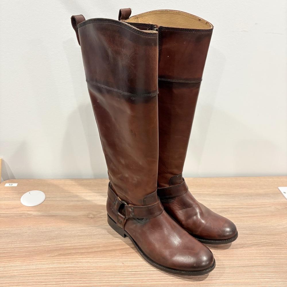 Frye Melissa Harness Tall Boots Women Brown Size 8 B Leather Equestrian Zip